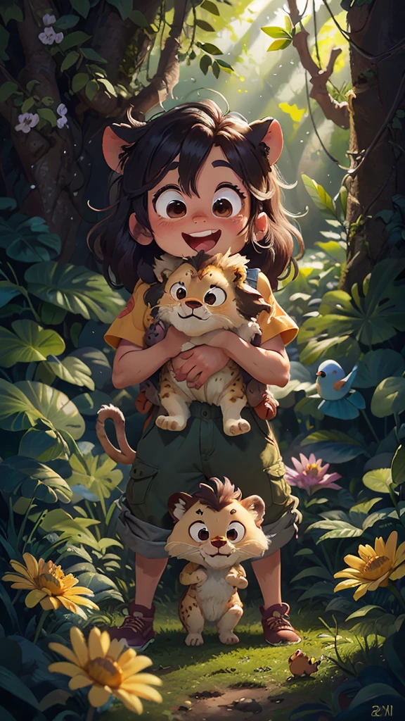 In the rainforest,cute lion,In the sunny woods,play with partners,front view,It opens its mouth,close up, Pixar cinematic style, best quality, stills, very cute, big eyes, Birds and flowers around, Very happy,high details, high quality, masterpiece, ccurate, super detail,