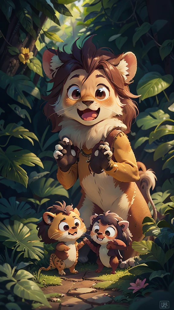 In the rainforest，cute lion，In the sunny woods，play with partners，front view，It opens its mouth，close up, Pixar cinematic style, best quality, stills, very cute, big eyes,  Birds and flowers around,  Very happy，high details, high quality, masterpiece, ccurate, super detail，