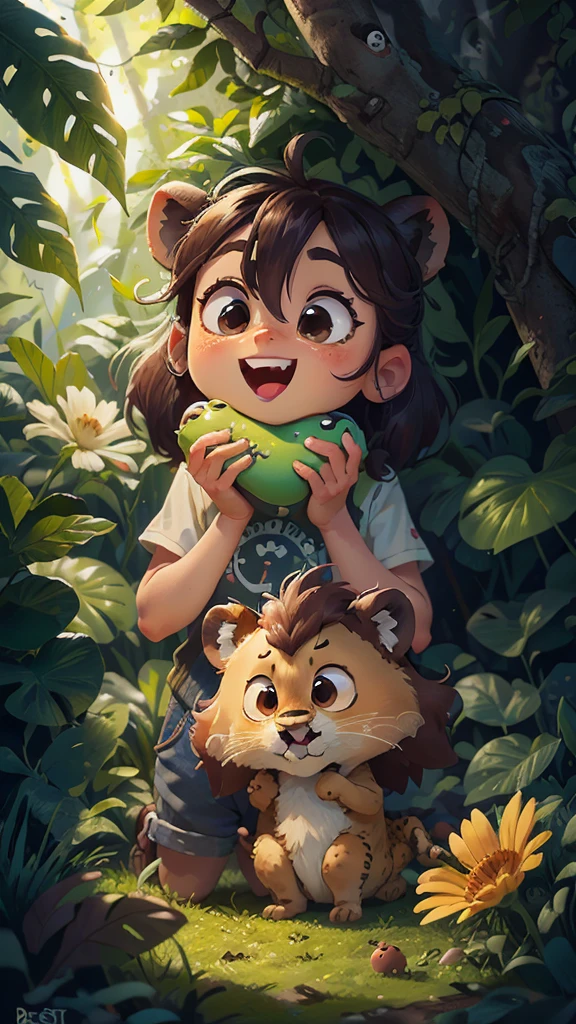 In the rainforest，cute lion，In the sunny woods，play with partners，front view，It opens its mouth，close up, Pixar cinematic style, best quality, stills, very cute, big eyes,  Birds and flowers around,  Very happy，high details, high quality, masterpiece, ccurate, super detail，