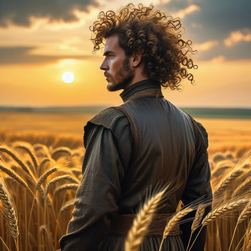 Under the golden glow of the setting sun, a man with curly short brown hair stands at the edge of a vast wheatfield, his back to the viewer. Clad in a simple black medieval farmer's outfit, he surveys the rolling sea of amber stalks swaying gently in the breeze. The rich scent of ripe grain fills the air, and the rhythmic whisper of the wind through the wheat creates a serene yet melancholic symphony.
His posture, though strong and resolute, hints at a burden he carries—perhaps a secret from the past or a looming threat to his peaceful life. The sprawling field stretches towards the horizon, symbolizing both the promise of the harvest and the unknown challenges that lie ahead. As he stands alone amidst the ripening crops, the scene encapsulates a moment of quiet reflection and a prelude to an unfolding journey.