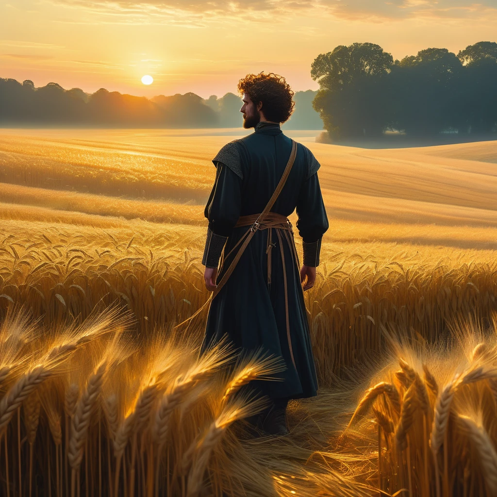 Under the golden glow of the setting sun, a man with curly short brown hair stands at the edge of a vast wheatfield, his back to the viewer. Clad in a simple black medieval farmer's outfit, he surveys the rolling sea of amber stalks swaying gently in the breeze. The rich scent of ripe grain fills the air, and the rhythmic whisper of the wind through the wheat creates a serene yet melancholic symphony.
His posture, though strong and resolute, hints at a burden he carries—perhaps a secret from the past or a looming threat to his peaceful life. The sprawling field stretches towards the horizon, symbolizing both the promise of the harvest and the unknown challenges that lie ahead. As he stands alone amidst the ripening crops, the scene encapsulates a moment of quiet reflection and a prelude to an unfolding journey.