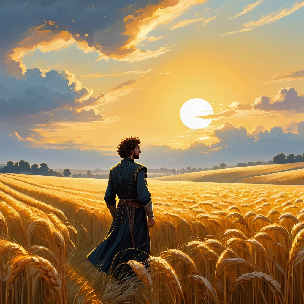 Under the golden glow of the setting sun, a man with curly short brown hair stands at the edge of a vast wheatfield, his back to the viewer. Clad in a simple black medieval farmer's outfit, he surveys the rolling sea of amber stalks swaying gently in the breeze. The rich scent of ripe grain fills the air, and the rhythmic whisper of the wind through the wheat creates a serene yet melancholic symphony.

His posture, though strong and resolute, hints at a burden he carries—perhaps a secret from the past or a looming threat to his peaceful life. The sprawling field stretches towards the horizon, symbolizing both the promise of the harvest and the unknown challenges that lie ahead. As he stands alone amidst the ripening crops, the scene encapsulates a moment of quiet reflection and a prelude to an unfolding journey.