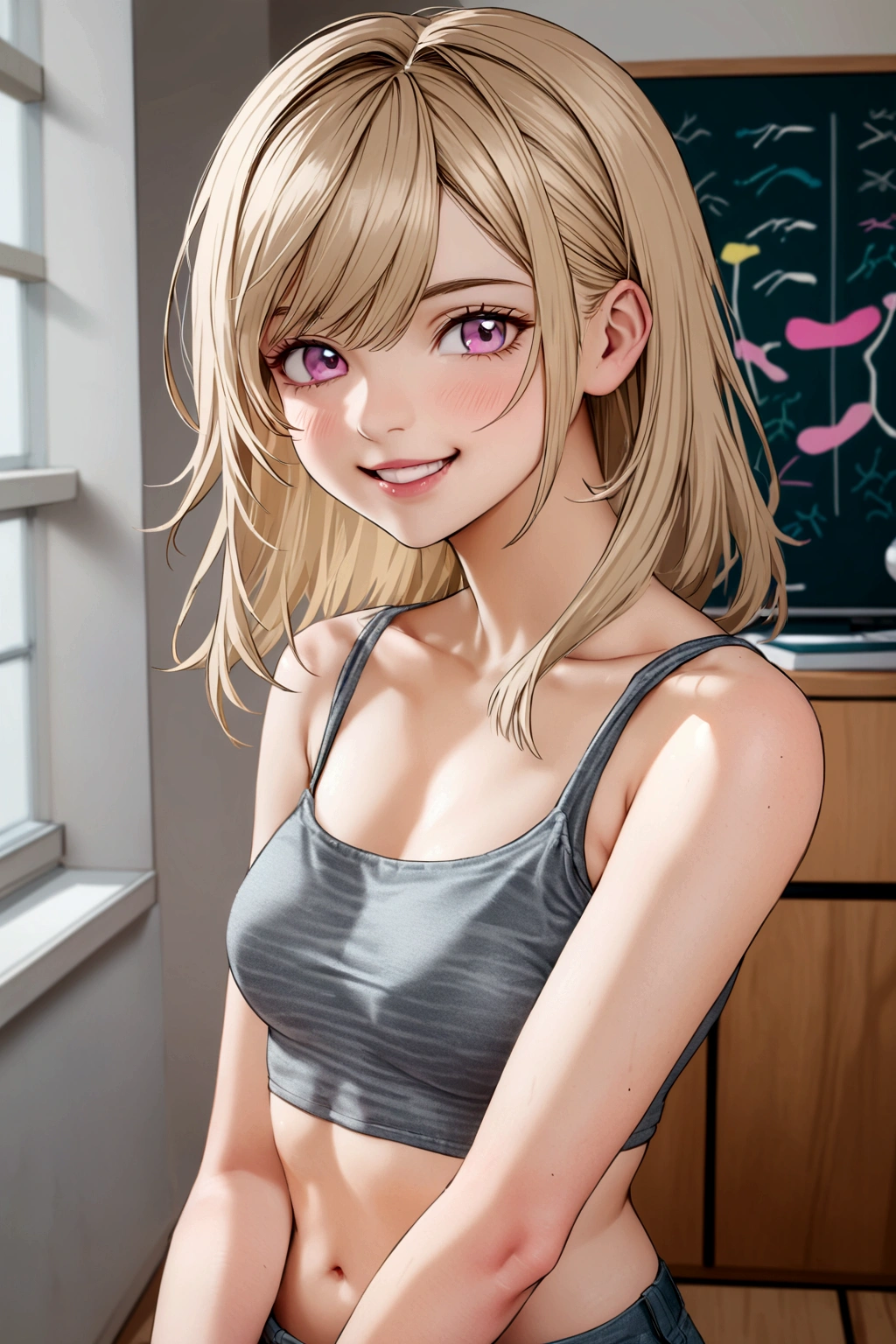 a 20 year old girl with blonde bang hair, in room, in crop top and hot jeans, image from front