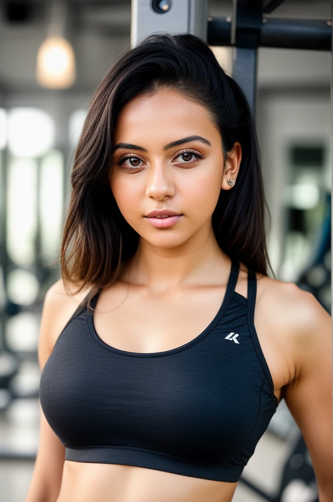 (photograph of a 21 year old woman), (highly detailed face:1.4) a fit, young woman, black hair, posing in gym, wearing sports bra, medium ,4 kodak portra 400 ,camera f1.6 lens ,rich colors ,hyper realistic ,lifelike texture, perfect eyes , equal  , perfect hands, perfect fingers