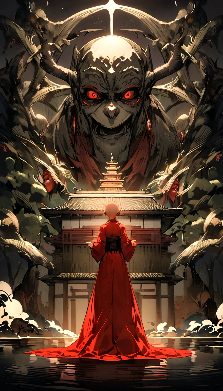 Japanese Yokai「Red Nyudo」Please draw。Red Nyudoは大きな赤い顔を持ち、He looks like a very tall monk.。It is bald, has sharp eyes and a large mouth.。Set an old temple and a dark forest in the background.、Red Nyudoが若い黒髪ロングの女性を驚かせるシーンを描写してください。Create a sense of fear throughout。
