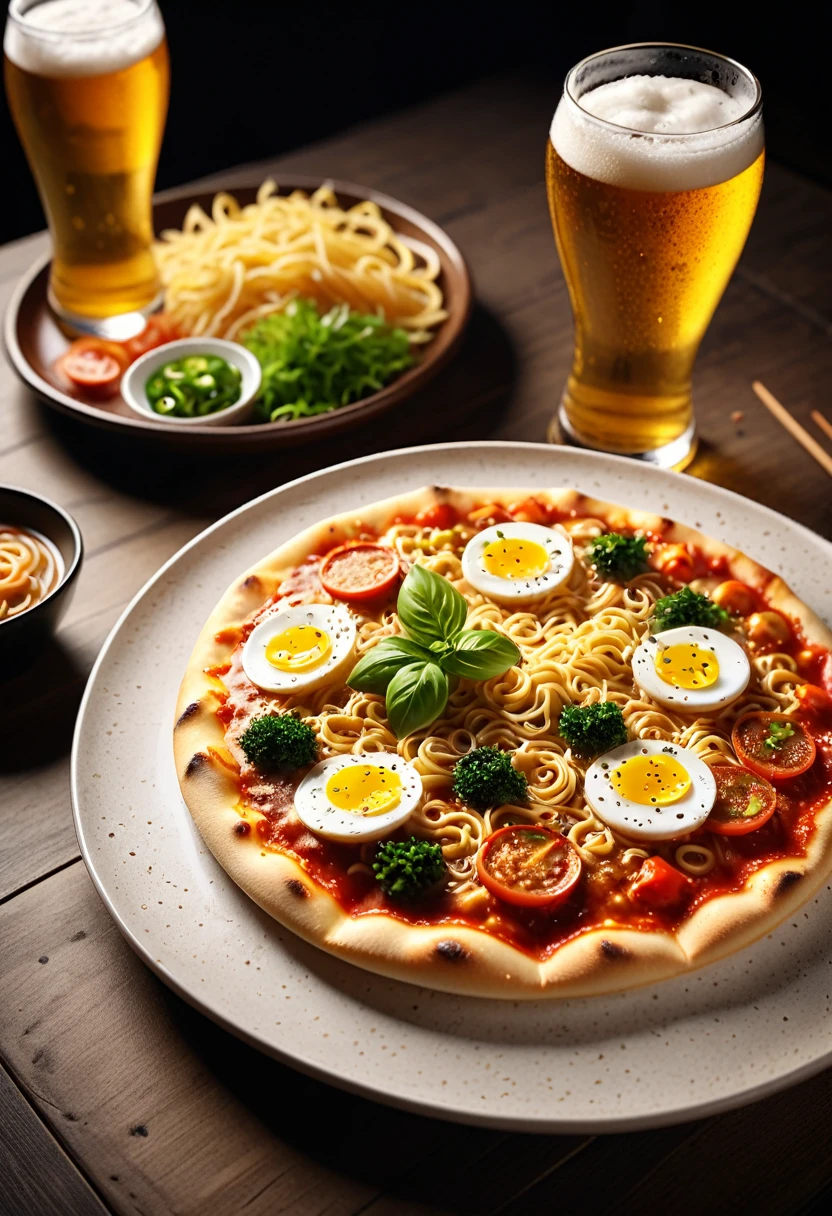 ((masterpiece, Highest quality, Best image quality, High resolution, Realistic, RAW Photos, 32k)), ((Highly detailed CG integrated 32k wallpaper)), delicious, crisp and sharp, Full plate, (((((Photos of food only))))), beer, pizza, ramen, 