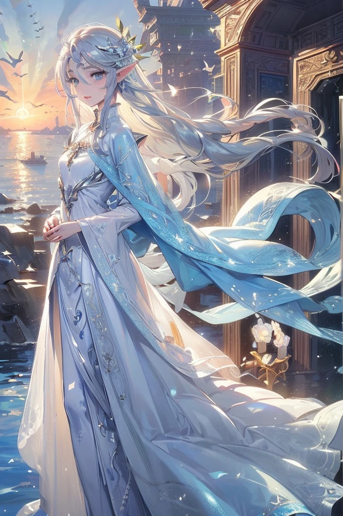 ((Highest quality)), ((masterpiece)), (detailed), One girl, The background is the sea、The weather was sunny.、Silver hair straight long hair、Parallel thin eyebrows、Double droopy eyes、Thin lips、Small nose、Blue Eyes、Long eyelashes、Delicate appearance、Illustration seen from the front、smile、A white dress with little exposure、Elf、Russian descent、