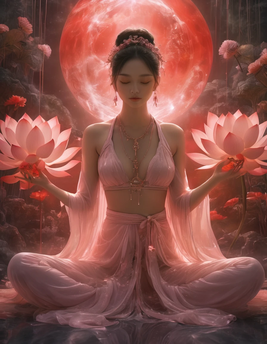 Full-body photo of a courtesan in lotus position,Praying with palms together、Anatomically correct,born, Cinematic shots, (Sharp focus:1.5), (Realistic:1.4), dusk lighting, Volumetric lighting, Ultra-high resolution, 16K,Dramatic lighting, Abstract background:1.5)(Tangleた,Datura stramonium,Holding a heart light in your hand、Tangle,Intertwined:0.7)witch,Red kimono, Foxfire spells, conversion, Depth of written boundary, A fantastic atmosphere, The most beautiful form of chaos, Elegance, Fauvist Design Dark Theme, flowers of death, flowers of ecstasy,Glowing Lines,Glow Example,Tracking example,flash, Backlight,translucent,Particles of light,hill,exit