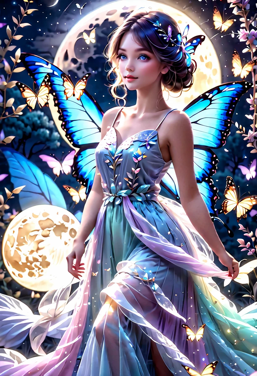 a beautiful girl, butterflies around her, night time, moonlight, intricate butterfly details, delicate dress, elegant pose, serene expression, cinematic lighting, ethereal atmosphere, soft pastel colors, ambient moon glow, photorealistic, highly detailed, masterpiece, 8k