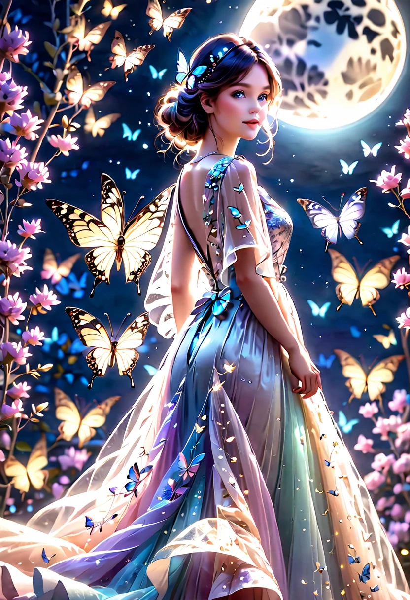 a beautiful girl, butterflies around her, night time, moonlight, intricate butterfly details, delicate dress, elegant pose, serene expression, cinematic lighting, ethereal atmosphere, soft pastel colors, ambient moon glow, photorealistic, highly detailed, masterpiece, 8k