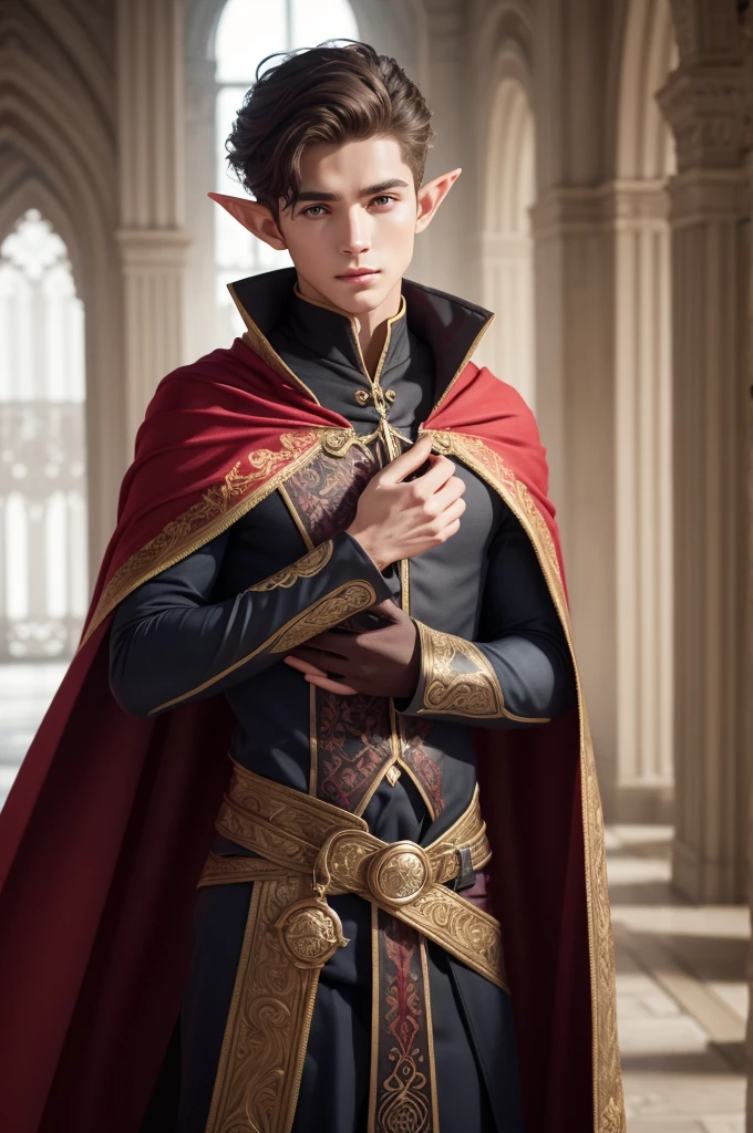 young man. cabelos pretos na altura dos ombros. Wear a cape covering your body. The tips of its ears are pointed like an elf's. His eyes are golden. Wears a wolf fang on his neck collar.
