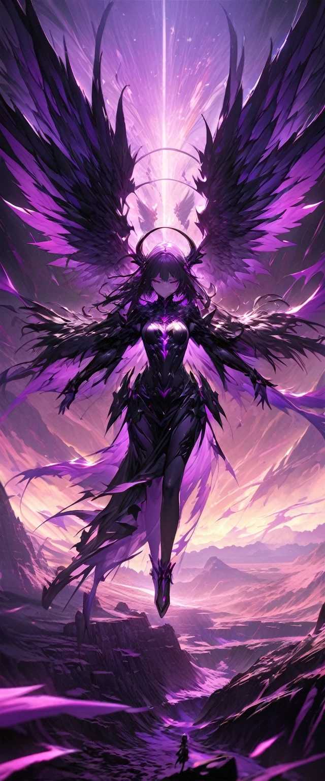 best quality, super fine, 16k, incredibly absurdres, extremely detailed, 2.5D, delicate and dynamic depiction, beautiful fallen angel clad in purple pink and dark darkness, beautiful pastel-colored landscape reminiscent of heaven, effect that mimics the struggle between opposing forces