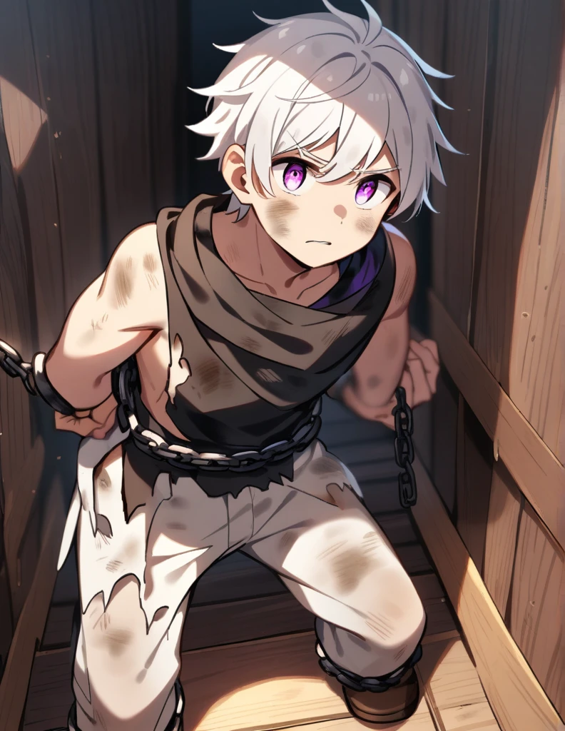 small Greek boy with white hair, violet eyes, with dirty clothes, chained at the bottom of a ship