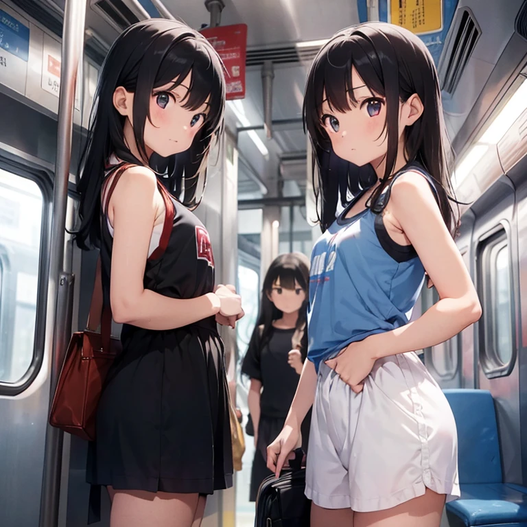 3Girls、、crowded train、buzzer、Tank top and lender、Detailed face、Detailed Hair、Clear skin、Looking at this、Whole body composition、Shot from below、Standing on the train､It&#39;s so crowded there&#39;s no space、It&#39;s so crowded that your face gets crushed.、Grinning face、Devilish smile、Provocative smile