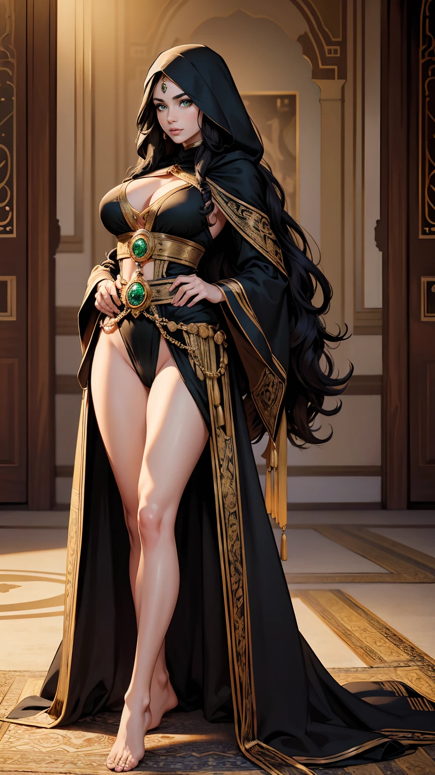 (masterpiece, Best quality, A high resolution, ultra detailed), (beautiful and aesthetically pleasing:1.2), detailed eyes and face, whole body, 1 woman, adult, (black long wavy hair), (green eyes), female body, female focus, Beautiful body, Perfect body, full body, 
National dress of Morocco,Djellaba,A long, hooded robe worn by both men and women, usually made of wool or cotton..