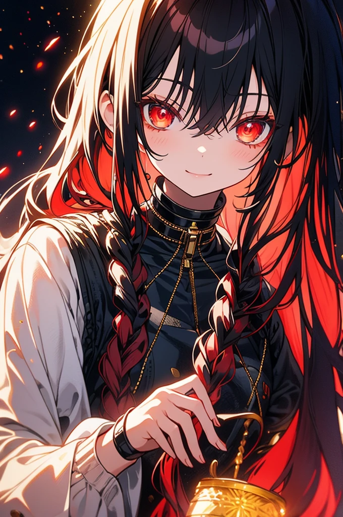 2female\(kawaii,small adult,mischevous smirk,hair floating,hair color dark red,long braid hair,eye color dark red,big eyes,white fur,red, BREAK ,background\(outside,beautiful garden,flower,duppled sunlight\), BREAK ,quality\(8k,wallpaper of extremely detailed CG unit, masterpiece,hight resolution,top-quality,top-quality real texture skin,hyper realisitic,increase the resolution,RAW photos,best qualtiy,highly detailed,the wallpaper,cinematic lighting,ray trace,golden ratio\)