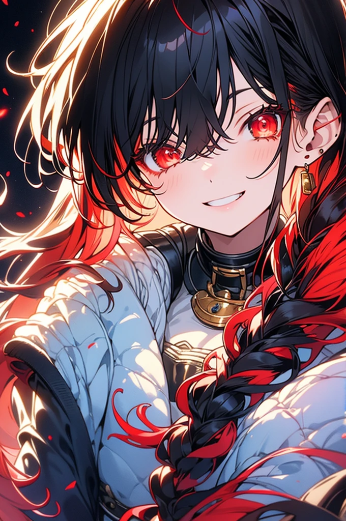 2female\(kawaii,small adult,mischevous smirk,hair floating,hair color dark red,long braid hair,eye color dark red,big eyes,white fur,red, BREAK ,background\(outside,beautiful garden,flower,duppled sunlight\), BREAK ,quality\(8k,wallpaper of extremely detailed CG unit, masterpiece,hight resolution,top-quality,top-quality real texture skin,hyper realisitic,increase the resolution,RAW photos,best qualtiy,highly detailed,the wallpaper,cinematic lighting,ray trace,golden ratio\)