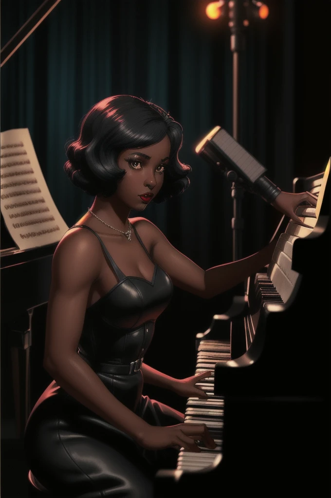 
 ( "Blazens_girl_Roxanne",Dark skin female, )Female playing  piano, on stage at a night club . [ scene 1940s], [cinematic warm lighting ],[vintage clothing], [short hair style],cinematic vintage Hollywood film style
