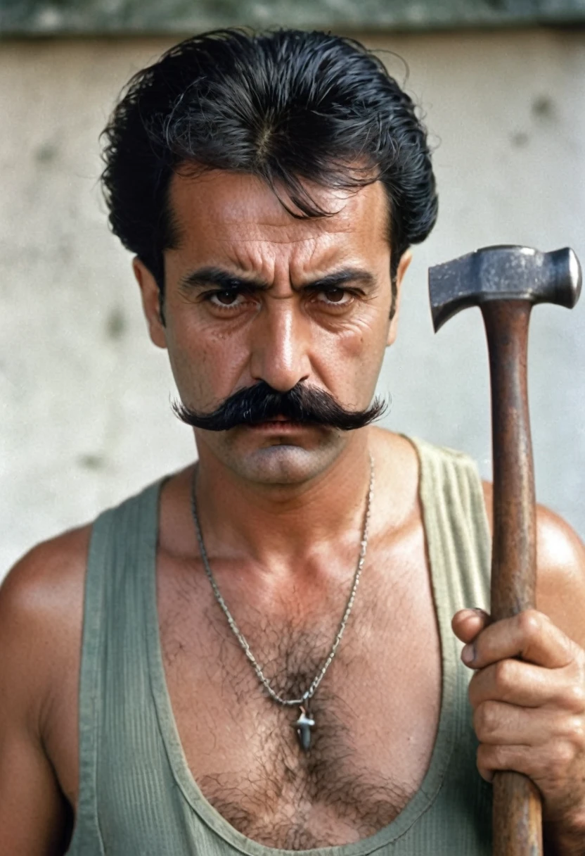 A turkish horrible man short hair and moustache with a hammer and nails in his hand in 1990's