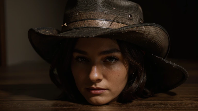 Cowboy hat on the table, aesthetic. Dark. Realistic. High definition.
