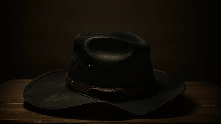 Cowboy hat on the table, aesthetic. Dark. Realistic. High definition.