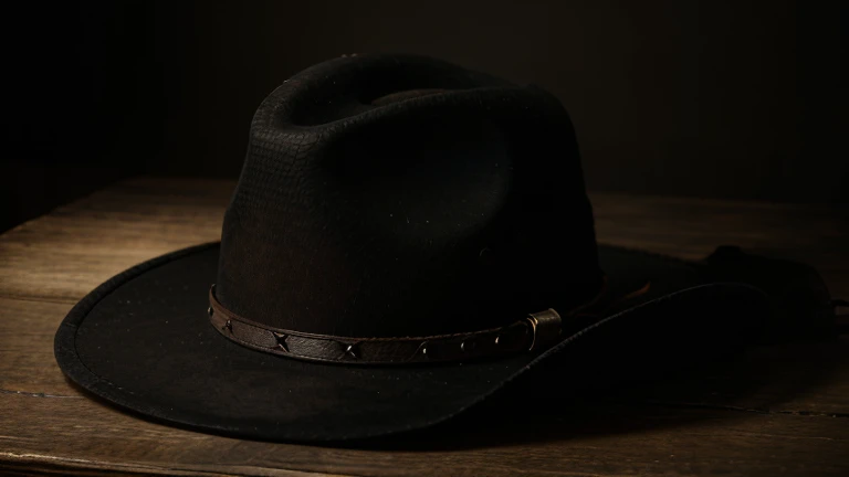 Cowboy hat on the table, aesthetic. Dark. Realistic. High definition.