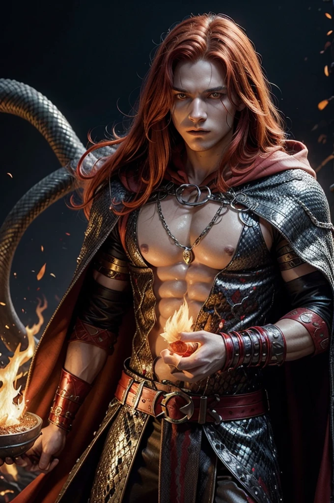 Create an image of a male pyromancer warrior in a red cloak with a chainmail outfit underneath, This warrior has long red hair, yellow  eyes, some snakes around the body and a red flame with black details