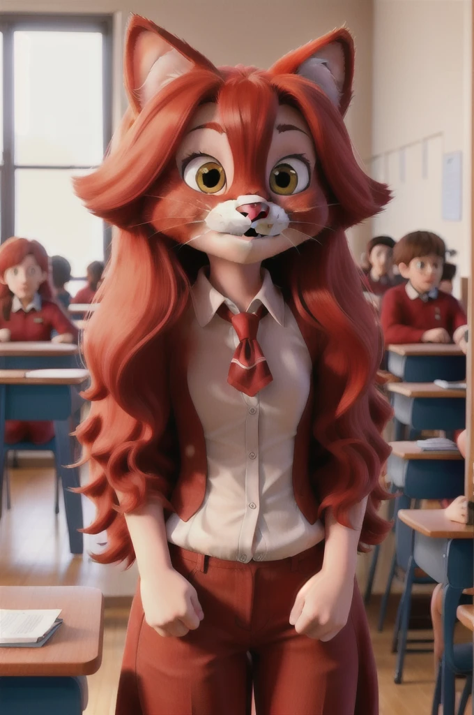 Red cat with long hair in a school class