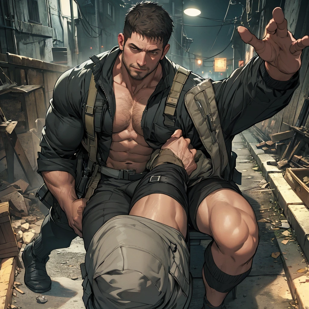 Libido man，Chris Redfield 50 years old ( Chris Redfield from Resident Evil Village), Tong，large pecs，Big bag，Wear black suit socks，Half recumbent，huge bulge, CG sense，POV perspective，Dark atmosphere，8K,Cinematic lighting effects，Textured skin，best qualtiy，Storytelling images，Storytelling images，dynamic blur，actionpose