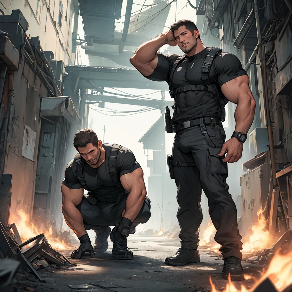 Libido man，Chris Redfield 50 years old ( Chris Redfield from Resident Evil Village), Tong，large pecs，Big bag，Wear black suit socks，Half recumbent，huge bulge, CG sense，POV perspective，Dark atmosphere，8K,Cinematic lighting effects，Textured skin，best qualtiy，Storytelling images，Storytelling images，dynamic blur，actionpose