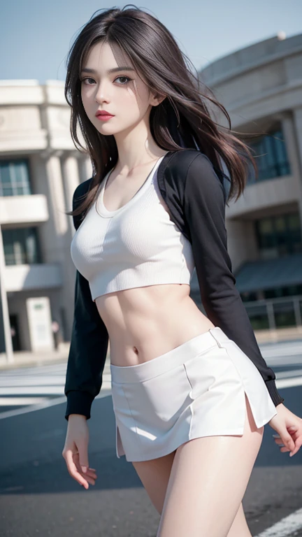 4k ultra hd, masterpiece, best quality, a girl, sports girl, good face, happy, detailed eyes, detailed lips, very long hair, Multicolor floating hair, slim body, medium breasts, tight abs, narrow waist, promotional costume, black and white costume, short sleeves, cropped top, short jacket, skirt, walking, realistic shadow, stadium background,