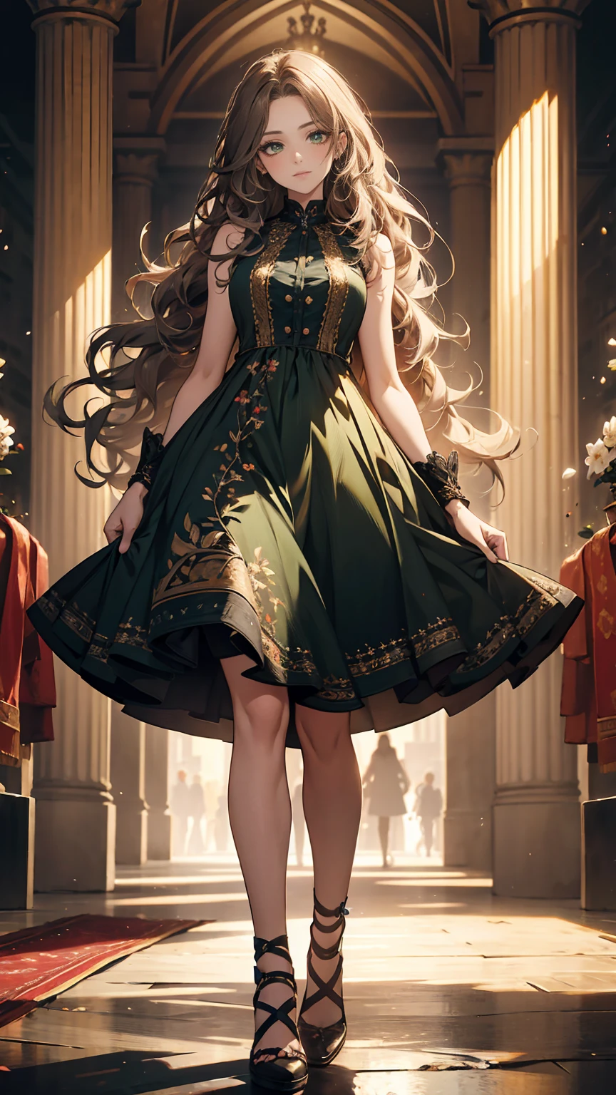 (masterpiece, Best quality, A high resolution, ultra detailed), (beautiful and aesthetically pleasing:1.2), detailed eyes and face, whole body, 1 woman, adult, (black long wavy hair), (green eyes), female body, female focus, Beautiful body, Perfect body, full body, 
National dress of Russia,Sarafan,A sleeveless jumper dress worn over a blouse, often brightly colored and adorned with intricate embroidery.