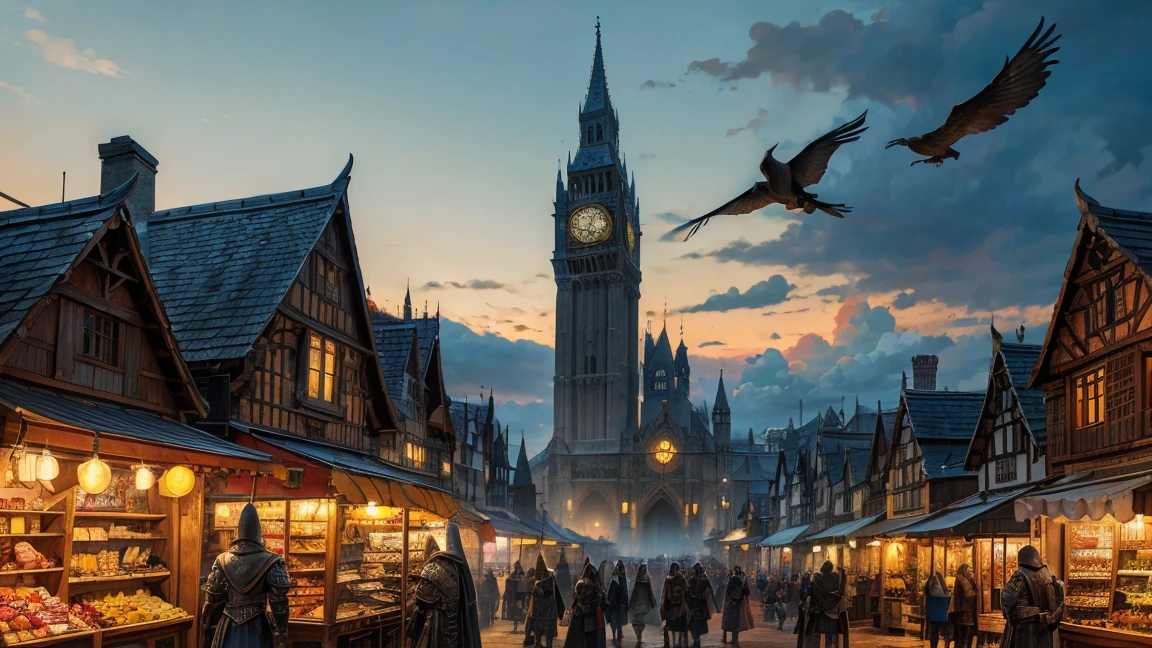 A detailed, atmospheric scene of a medieval fantasy village bustling with life. A female adventurer stands in the foreground, clad in leather armor and a cloak, with a sword at her side. The village features timber-framed houses, market stalls, and a tall clock tower in the background. The sky is partly cloudy with birds flying overhead, creating a lively and vibrant scene. The overall tone should be warm and inviting, with a touch of mysticism.