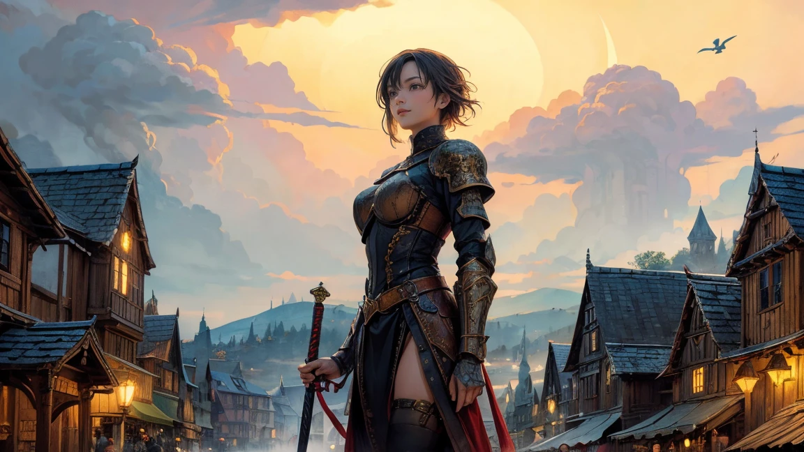 A detailed, atmospheric scene of a medieval fantasy village bustling with life. A female adventurer stands in the foreground, clad in leather armor and a cloak, with a sword at her side. The village features timber-framed houses, market stalls, and a tall clock tower in the background. The sky is partly cloudy with birds flying overhead, creating a lively and vibrant scene. The overall tone should be warm and inviting, with a touch of mysticism.