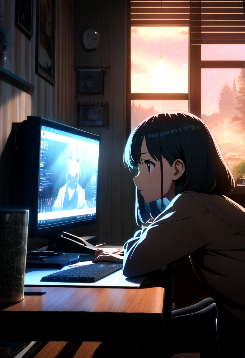 Can you give me four examples of anime-style images of a young woman studying on a computer while drinking coffee at a table in front of a window?。., Home bedroom interior, Anime Background, Movie Night Light, Ray Tracing, Highly detailed interior wallpaper, Classic Light,