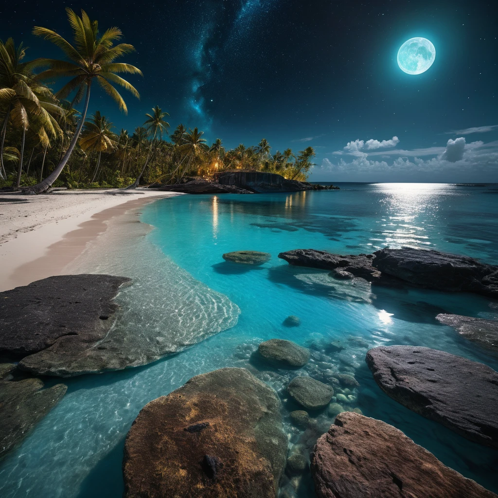 At night, by moonlight, a view from a high vantage point from a turquoise blue lagoon stretching towards the horizon, on the left beach lined with coconut palms, (under a crystal-clear turquoise blue lagoon with coral reefs and bioluminescent multicolor aquatic fauna very detailed), small waves . In the sky, a majestic swirling galaxy forms a ((giant detailed blue eye)) in a starry sky, dotted with nebulae and cosmic dust. Vivid reflections of detailed blue eye and starry sky on the surface of the water. ((Along the shore, a blonde woman)) with long, flowing hair and a fluid ((transparent dress detailed) that seems to be made of ethereal, swirling patterns resembling he aurora borealis) stands and contemplates the wonders of the universe. moon luminism, Fantastic Realism, complex background, (highly detailed intricated), Ultra Realistic, portrait, 8k resolution, hyper-realistic insanely detailed, magical photography effect, fantastical fantasy, trending on Artstation Unreal Engine 5, ink vivid stained, maximalism, expansive depth of field matte painting, dark simple uncluttered reflections,