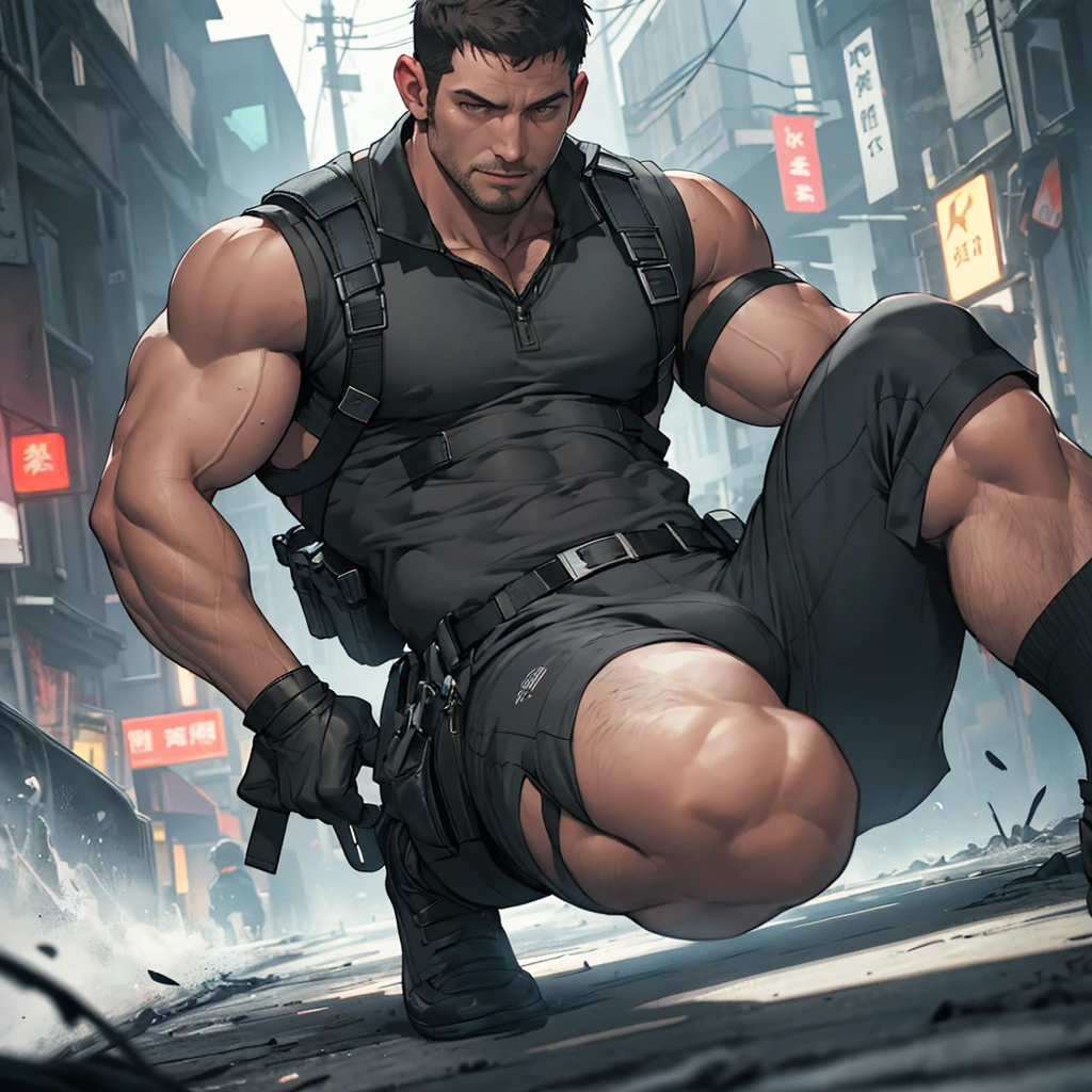 Libido man,Chris Redfield 50 years old ( Chris Redfield from Resident Evil Village), Tong,large pecs,Big bag,Wear black basketball socks,Half recumbent,huge bulge, CG sense,POV perspective,Dark atmosphere,8K,Cinematic lighting effects,Textured skin,best qualtiy,Storytelling images,Storytelling images,dynamic blur,actionpose