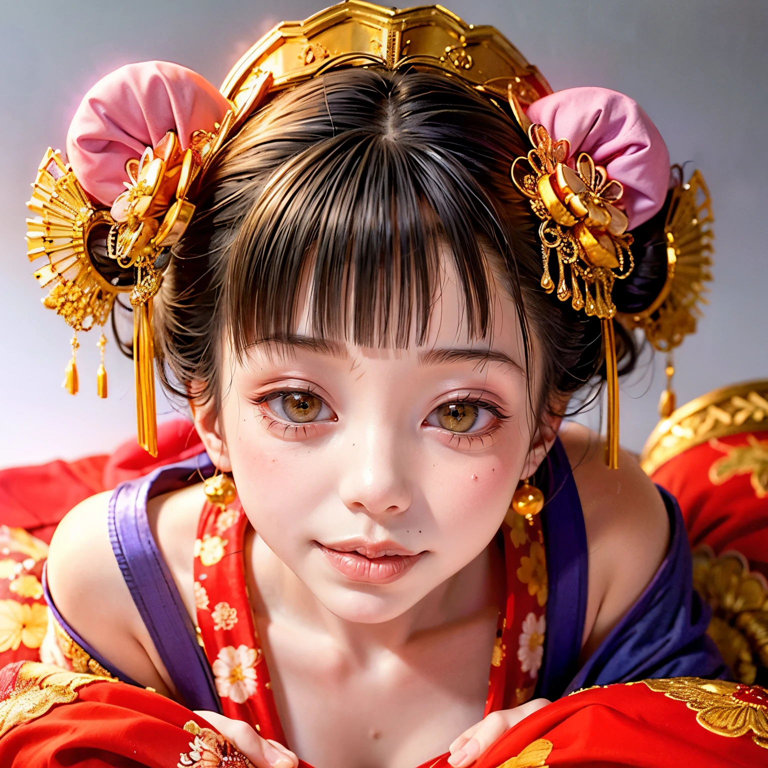 (PUNIPUNI clavicle KIMONO ((offshoulder)) KANZASHI FlowerHairpins Topknot TwinBun Oiran-Hair)High-level, 8K Masterpiece TopQuality, Ultra-detailed CG, Absurd detailed wallpaper, PerfectLighting, Extremely detailed (((Personifying " OIRAN " as a KAWAII Girl))), Characteristic Items, aesthetic LifeLike Rendering, MysticSight, Haze Tyndall Scattering, (Studio GRAY Background with (Oodles Dazzling Iridescent 🌈Particles (BokeH))), (((Assfocus)) RoundlyButt) ThighGap, (Exposed:0.44) 🔞 BREAK (Acutance:0.8), (NOGIZAKA FaceVariations) Extremely Detailed very KAWAII FaceVariations, Childish CaptivatingGaze ElaboratePupils ParfectEyes with (SparklingHighlights:1.28), (Voluminous LongEyelashes:0.88), 💄💋✨ GlossyRedLips with BeautifulDetails, CoquettishTongue, PUNIPUNI RosyCheeks, Radiant PearlSkin with Transparency, Glowing DowneyHair . { (Dynamic LifeLike expressions:1.4) | (:d) }, (large eyes:-1) .