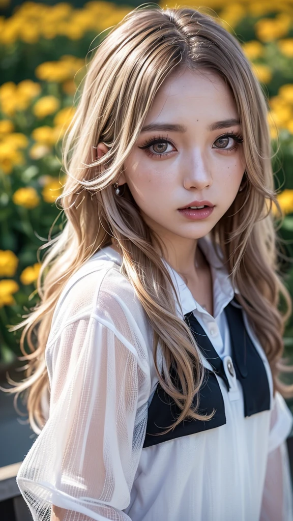 Realistic, masterpiece, highest quality, Highest Resolution, one Japanese high school girl, , Upper body photo, Looks sleepy, Spaced out, Mouth open, Beautiful and detailed eye drawing, (droopy eyes:1.3), Dark Eyes, Thin eyebrows, Carefully draw eyelashes, Eyelash extensions, Gal Makeup, Orange teak, (White brown wavy hair with white mesh, long hair, middle part:1.3), (hidden creased eyelids:1.3), (Gothic school uniform:1.2), (The subject was photographed from above at an angle:1.3), (Flower Field:1.3), (Close up on face, Standing up and trying to grab the audience:1.5)