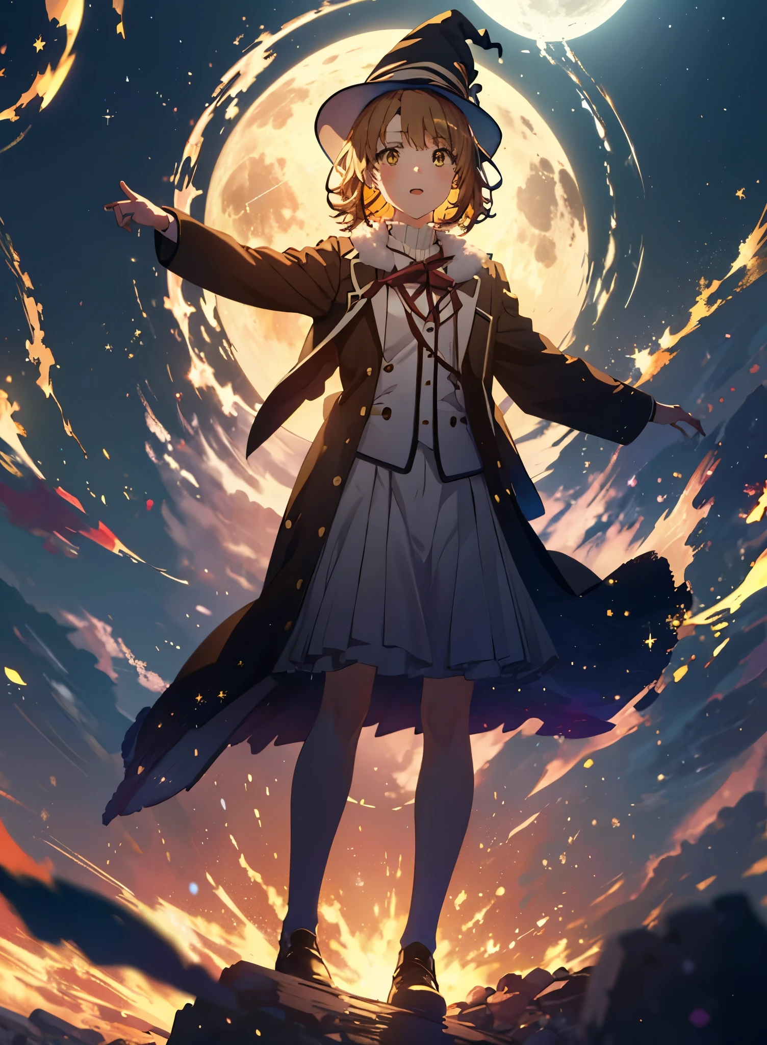 Irohaisshiki, isshiki iroha, short hair, Brown Hair, (Brown eyes:1.5), smile,((Night Sky)),((Big full moon)),((Sparkling and colorful stars)),Fluffy hair,((Idol style costume with soft volume)),Long skirt,Pointed shoes,((gorgeous wizard hat)),((witch)),(magic wand with a jewel on the tip),whole bodyがイラストの中に入っていくように,Explosive Flame,
break outdoors, forest,forest
break looking at viewer,whole body,
break (masterpiece:1.2), Highest quality, High resolution, unity 8k wallpaper, (shape:0.8), (Narrow and beautiful eyes:1.6), Highly detailed face, Perfect lighting, Extremely detailed CG, (Perfect hands, Perfect Anatomy),