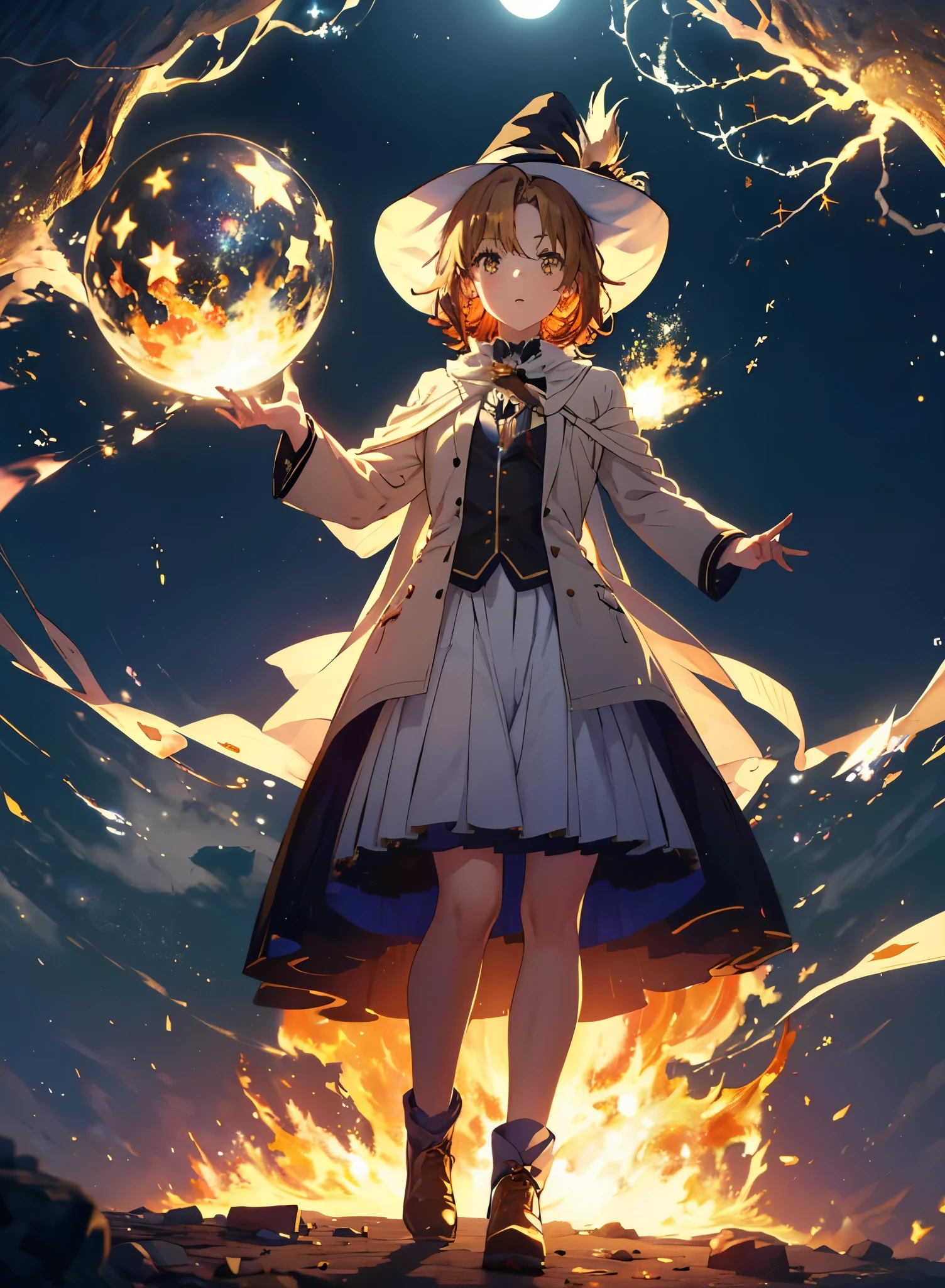 Irohaisshiki, isshiki iroha, short hair, Brown Hair, (Brown eyes:1.5), smile,((Night Sky)),((Big full moon)),((Sparkling and colorful stars)),Fluffy hair,((Idol style costume with soft volume)),Long skirt,Pointed shoes,((gorgeous wizard hat)),((witch)),(magic wand with a jewel on the tip),whole bodyがイラストの中に入っていくように,Explosive Flame,
break outdoors, forest,forest
break looking at viewer,whole body,
break (masterpiece:1.2), Highest quality, High resolution, unity 8k wallpaper, (shape:0.8), (Narrow and beautiful eyes:1.6), Highly detailed face, Perfect lighting, Extremely detailed CG, (Perfect hands, Perfect Anatomy),