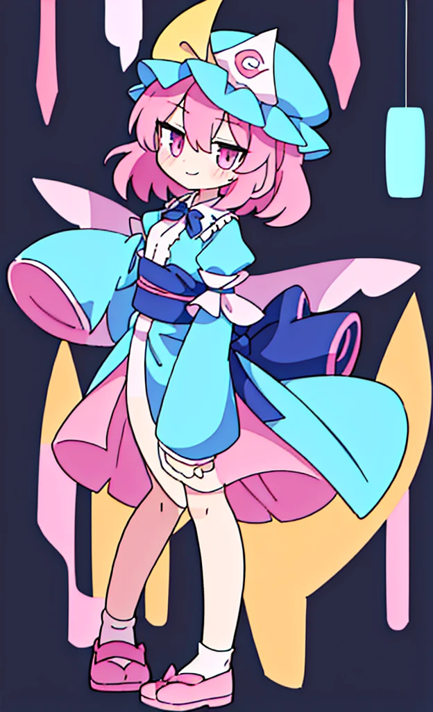 masterpiece,Highest quality,1 Girl,alone,Pokémon-like art style,(bold:1.6),(flat:1.5), SAIGYOUJI_bend down_TOUHOU
PINK_HAIR, triangular_HEADPIECE, HAT, SHORT_HAIR, PINK_eyes, pain_cape, blue_HEADWEAR, bangs, SMILE, HAIR_BETWEEN_eyes, SASH, BREASTS, RIBBON, loli, age down