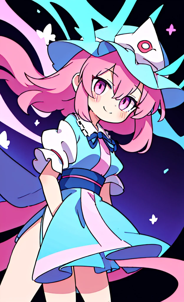 masterpiece,Highest quality,1 Girl,alone,Pokémon-like art style,(bold:1.6),(flat:1.5), SAIGYOUJI_bend down_TOUHOU
PINK_HAIR, triangular_HEADPIECE, HAT, SHORT_HAIR, PINK_eyes, pain_cape, blue_HEADWEAR, bangs, SMILE, HAIR_BETWEEN_eyes, SASH, BREASTS, RIBBON, , age down