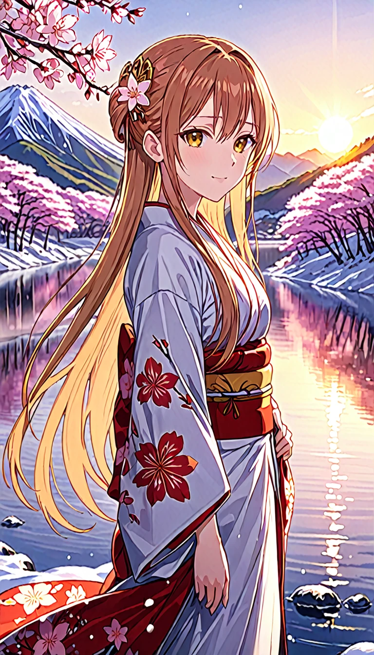 Asuna, masterpiece, Best quality, detailed, (1 girl), One, detailed golden eyes, long hair, standing, close to the viewer, (detailed kimono), A slight smile, Medium breasts, (hands behind your back), Water, sunset, (hair ornament), (Sakura blossoms), snow mountain lake in the background