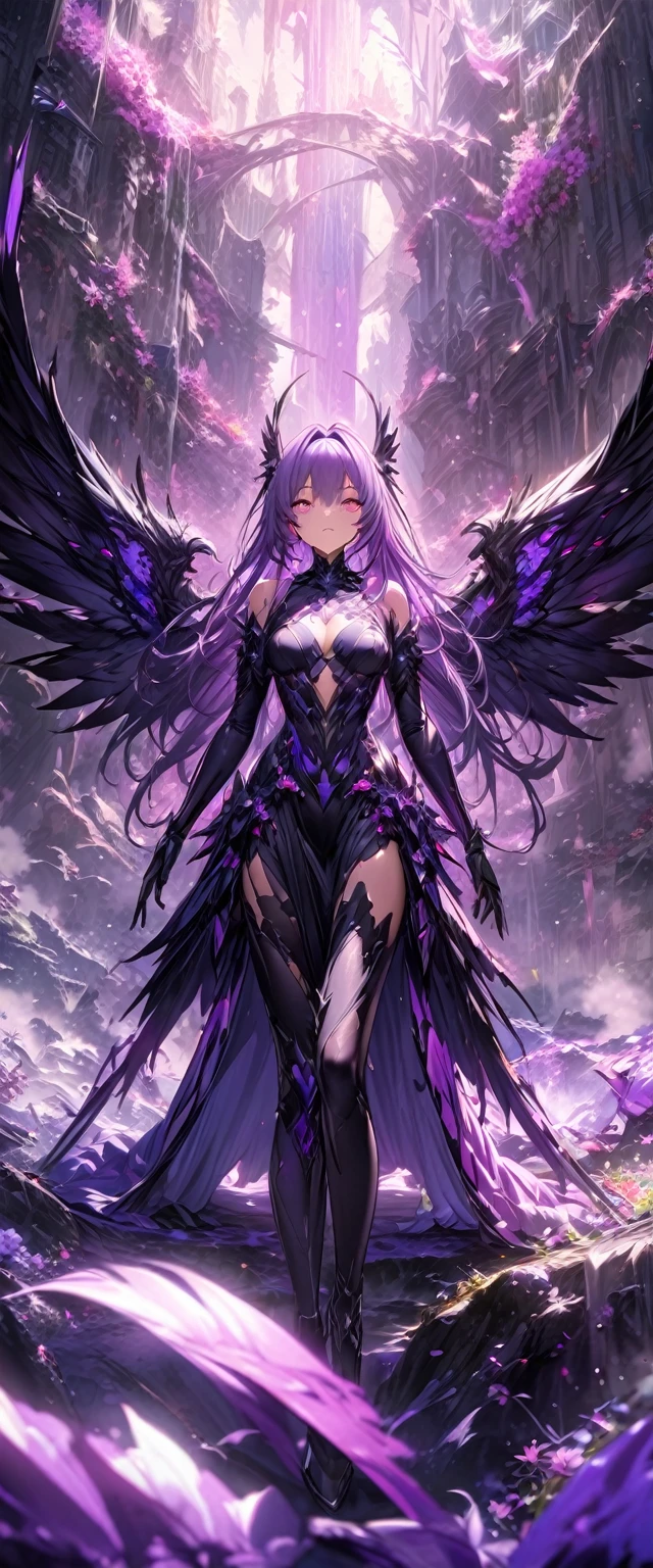best quality, super fine, 16k, incredibly absurdres, extremely detailed, 2.5D, delicate and dynamic depiction, beautiful fallen angel clad in purple pink and dark darkness, BREAK, beautiful pastel-colored landscape reminiscent of heaven, effect that mimics the struggle between opposing forces