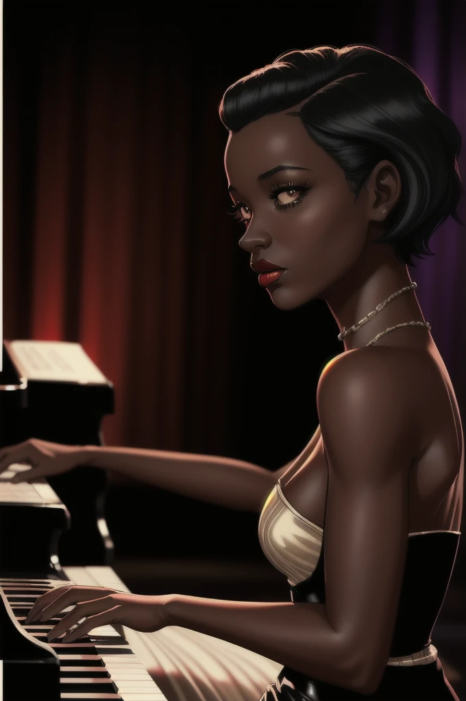 
 ( "Blazens_girl_Roxanne",Dark skin female, )Female playing  piano, on stage at a night club . [ scene 1940s], [cinematic warm lighting ],[vintage clothing], [short hair style],cinematic vintage Hollywood film style
