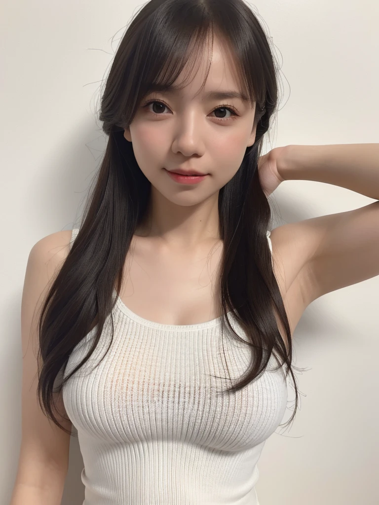 (best quality:1.4), (ultra highres:1.2), (photorealistic:1.4), (16k, RAW photo:1.2),(portrait shot:1.3), bmangpor, 1girl, solo, long hair, brown hair, upper body, white smooth armpits, one arm up, knit tank top, big breast,