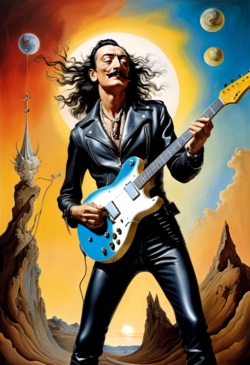 Salvador Dali rock musician on stage, clothing leather biker jacket, leather pants, electric guitar in hand