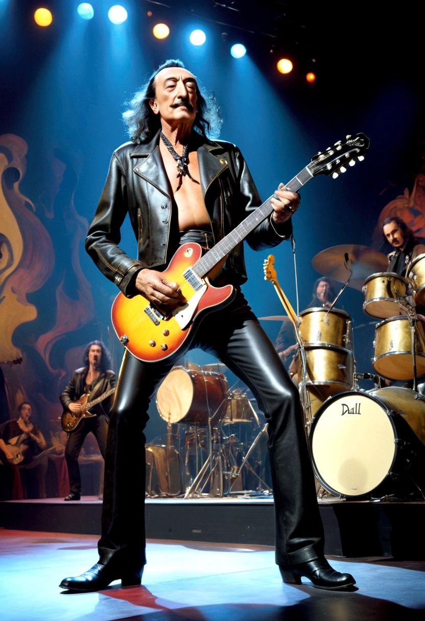 Salvador Dali rock musician on stage, clothing leather biker jacket, leather pants, electric guitar in hand