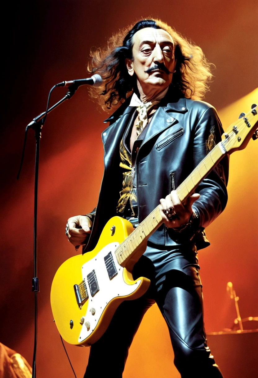 Salvador Dali rock musician on stage, clothing leather biker jacket, leather pants, electric guitar in hand